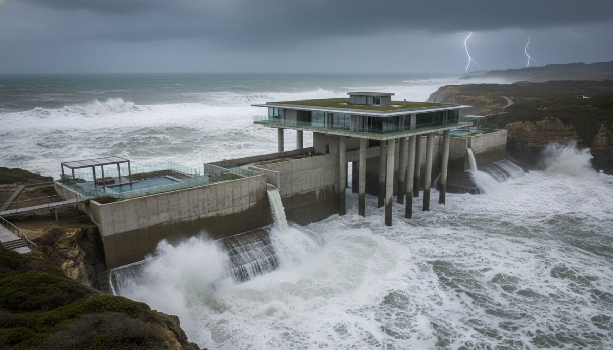 High-angle shot of a modern coastal home built on reinforced concrete stilts with integrated sea walls, overlooking a turbulent but controlled ocean environment during a storm surge.