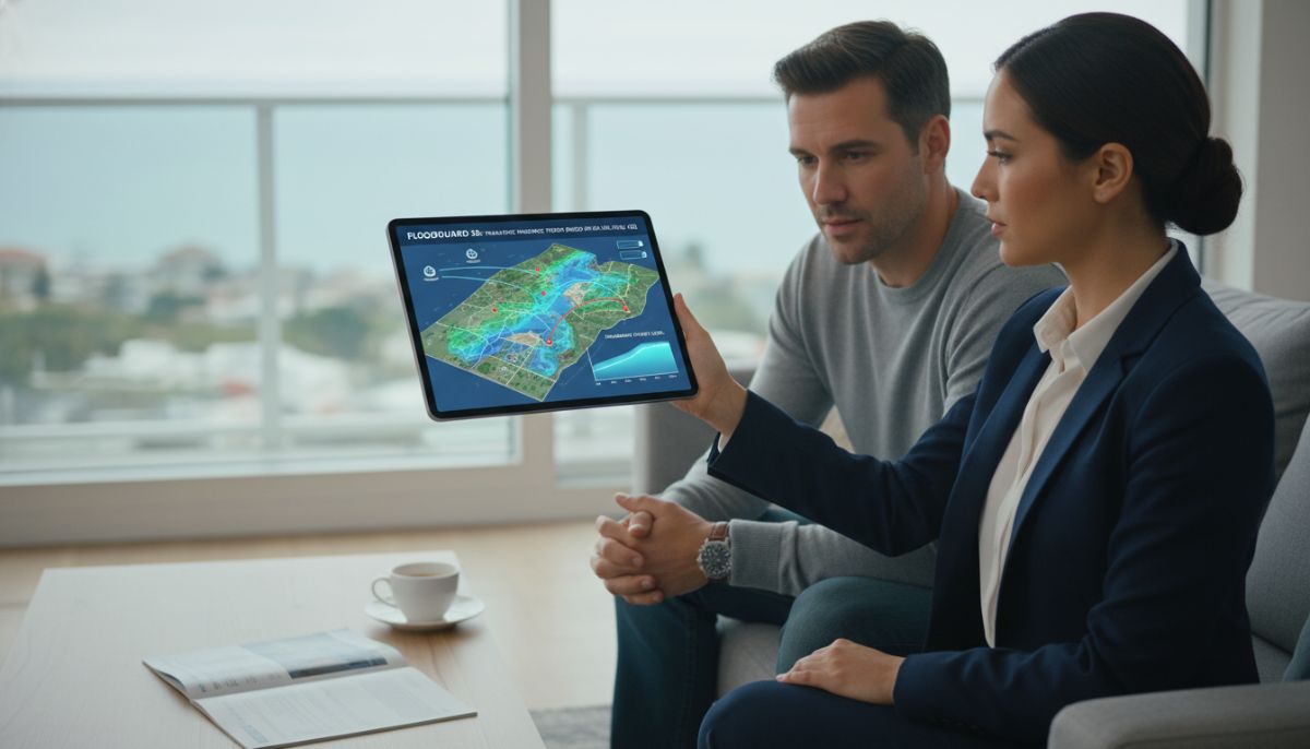 A professional insurance consultant using a digital tablet to show a homeowner a 3D visualization of flood risk zones and how parametric insurance triggers work based on sea level sensors.