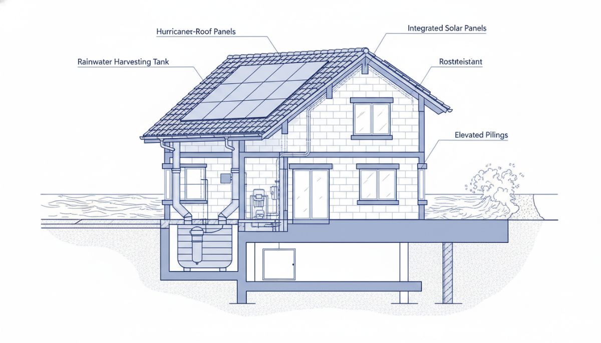 A detailed architectural cross-section of a storm-resistant coastal house showing hurricane-proof roofing, solar panels, and a rainwater harvesting system integrated into the foundation.