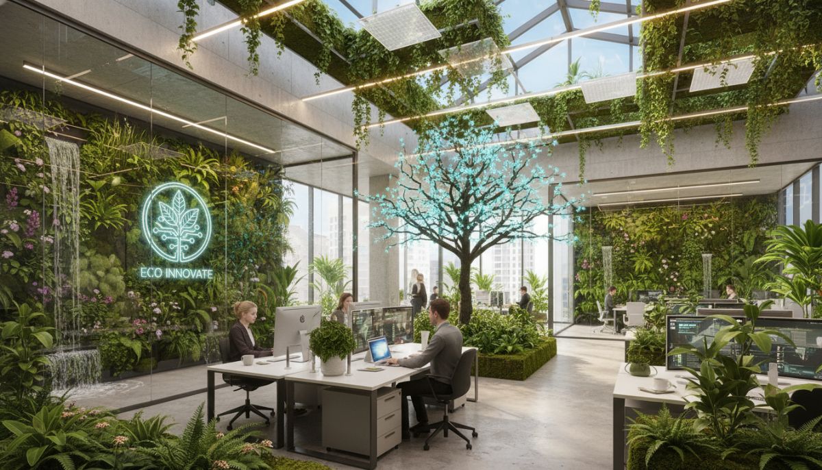 A professional conceptual image showing a modern startup office integrated with lush green vegetation, symbolizing the fusion of technology and environmental sustainability, high-resolution, photorealistic style.
