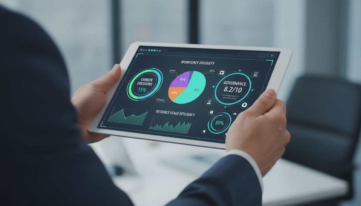A digital dashboard on a tablet screen displaying ESG metrics such as carbon emission charts, workforce diversity percentages, and governance scores, held by a professional in a corporate setting.