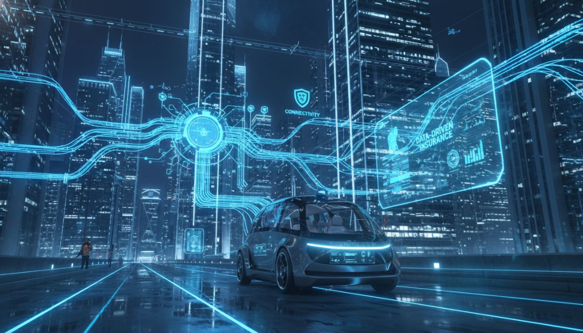 A futuristic autonomous vehicle driving through a sleek smart city at night, with glowing digital data streams and blue light nodes connecting the car to the surrounding infrastructure, symbolizing data-driven insurance and connectivity.