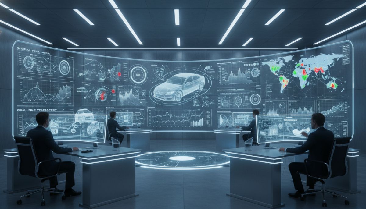 A high-tech insurance control room where professional analysts are monitoring a digital wall of telematics data, 3D vehicle models, and risk heat maps on large transparent screens.