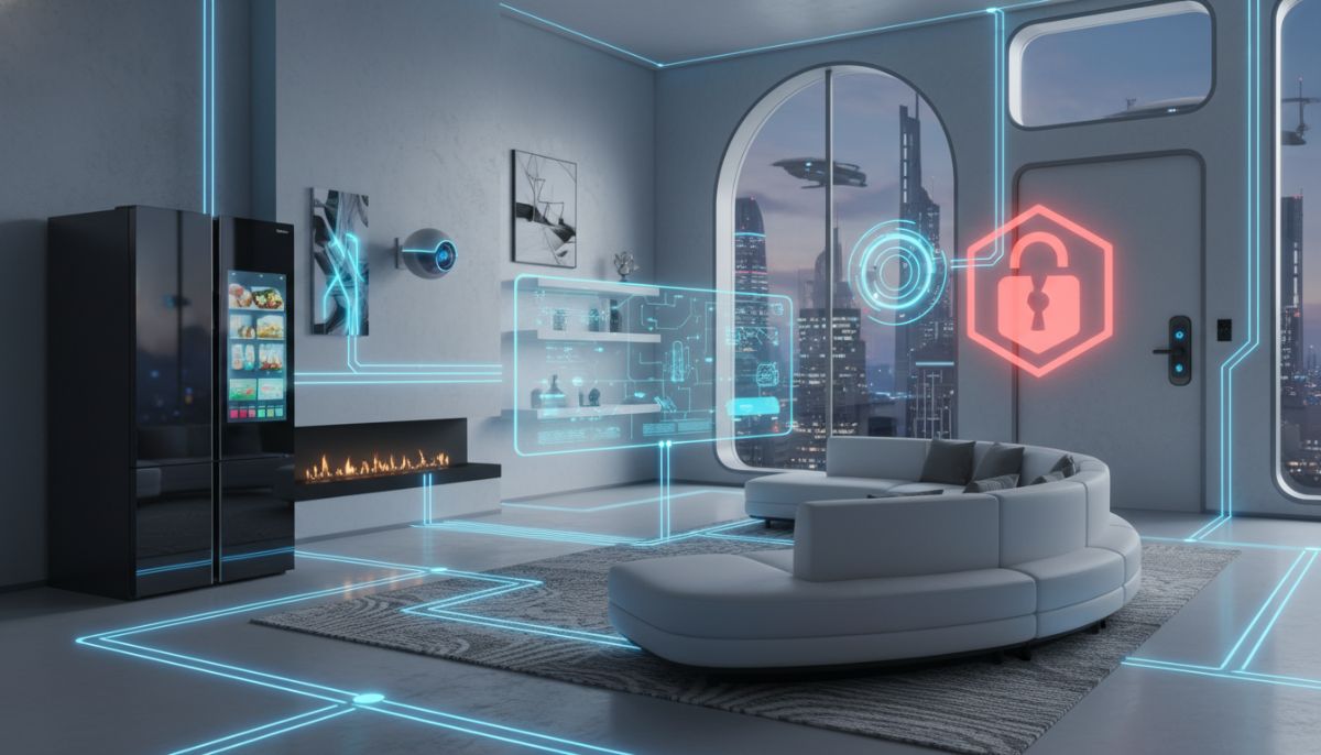 A futuristic living room scene showing various smart home devices like a smart fridge, security camera, and thermostat connected by glowing blue digital lines, with a translucent red warning icon hovering over a smart lock to signify a security vulnerability.