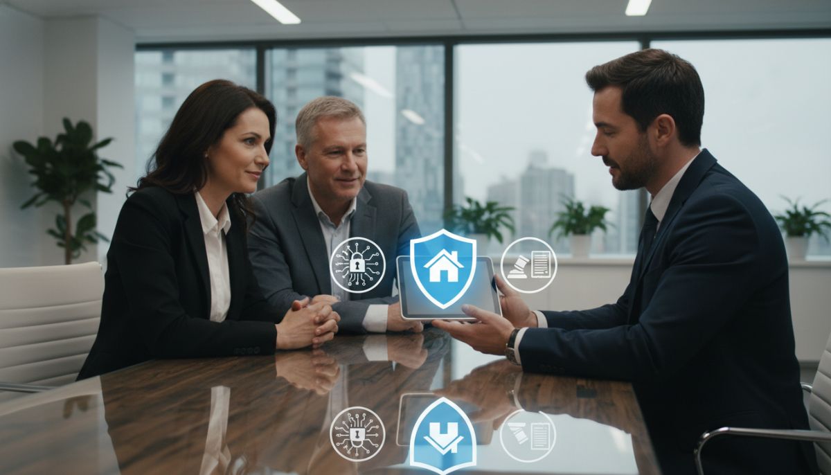 A professional digital insurance agent sitting across from a couple in a modern office, showing them a digital tablet displaying a shield icon protecting a house, with icons representing data encryption and legal protection.