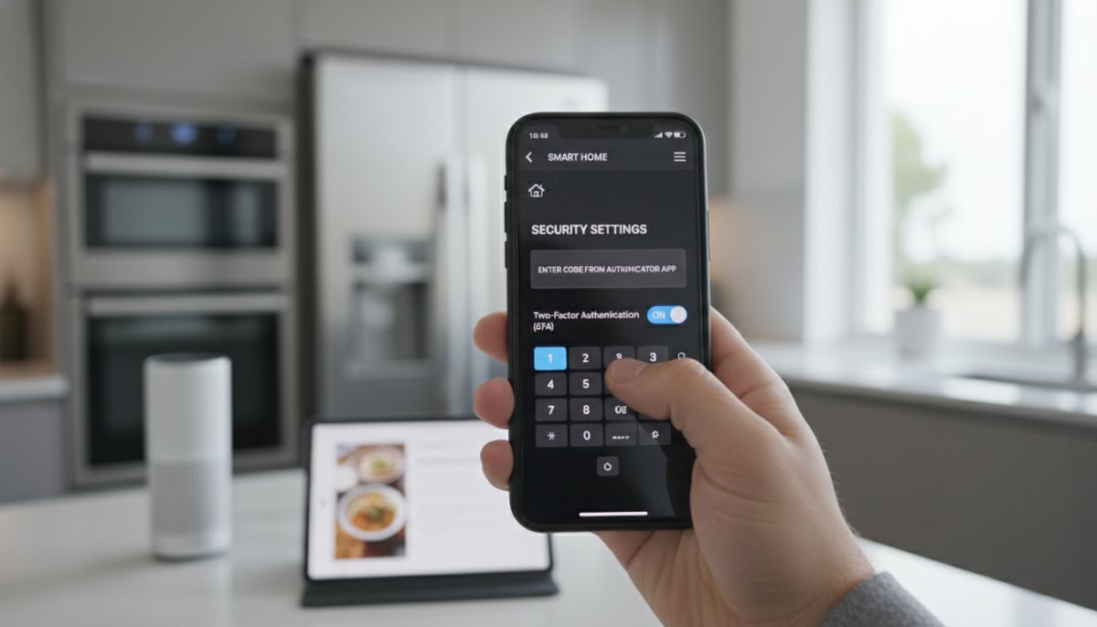 A close-up of a person's hand using a smartphone to enable Two-Factor Authentication (2FA) for their smart home application, with a blurred background of a modern kitchen containing smart appliances.