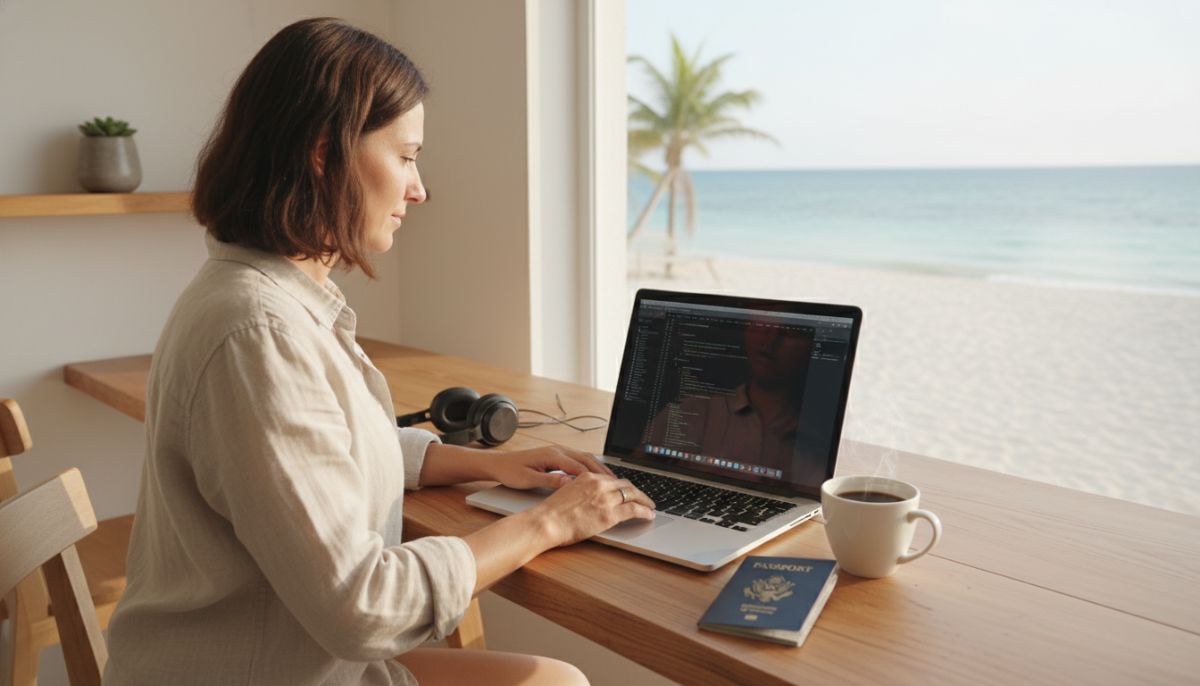 A professional digital nomad working from a minimalist seaside cafe with a high-end laptop, a passport, and a coffee, symbolizing the mobile workspace.