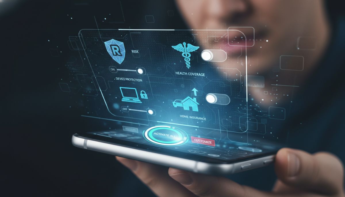A futuristic digital interface on a smartphone screen showing various insurance icons like a shield, a laptop, and a medical cross with 'On/Off' toggle switches.