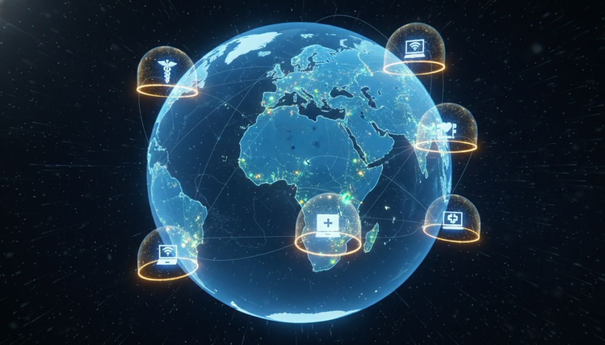 A conceptual 3D illustration of global connectivity showing a digital map of the world with glowing nodes and shields protecting icons of laptops and medical symbols.