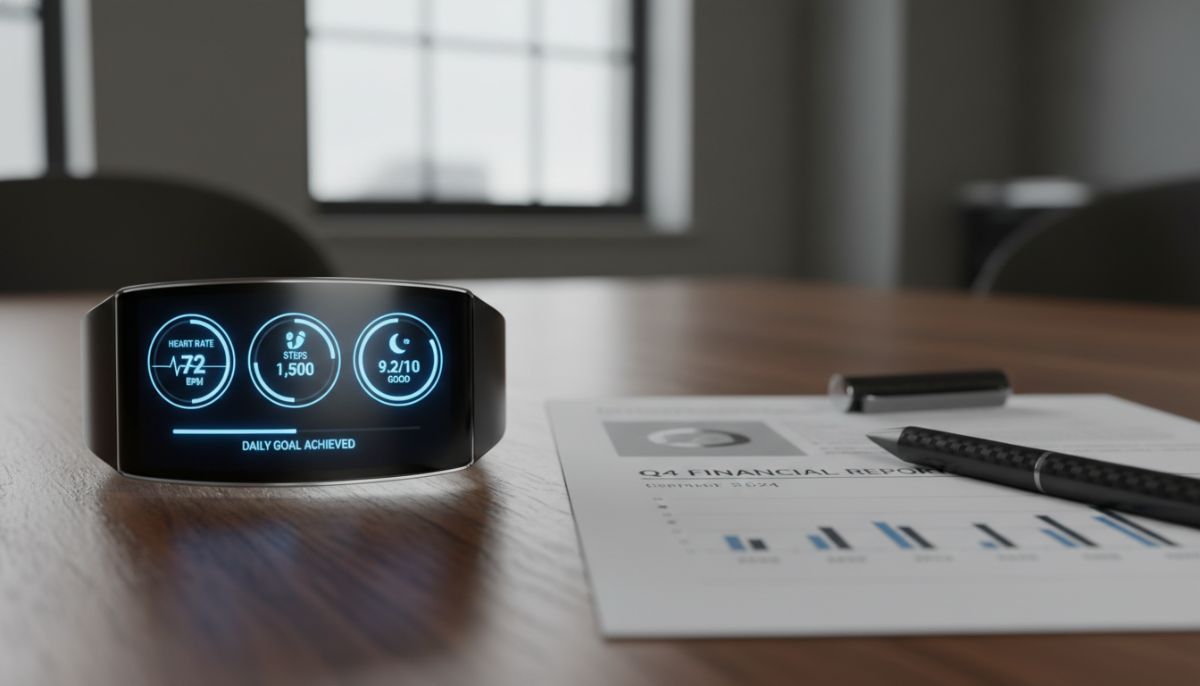 A high-tech, futuristic smartwatch displaying a clean dashboard of biometric data including heart rate, steps, and sleep quality, resting on a wooden table next to a professional business document.