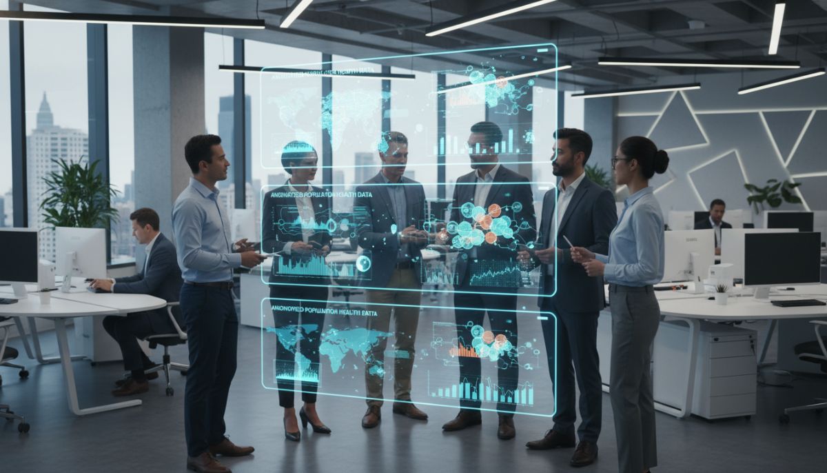 A diverse group of professional health insurance analysts in a modern office, looking at large digital screens displaying anonymized data visualizations of population health trends and activity metrics.