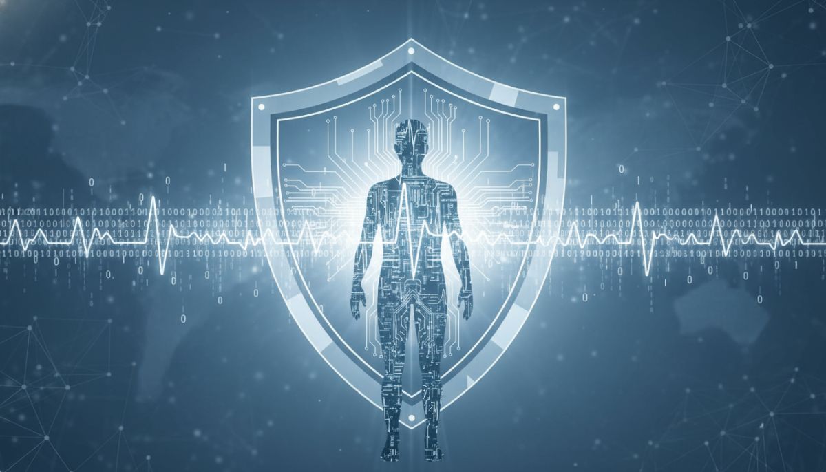 A conceptual illustration representing data privacy, featuring a digital shield protecting a human silhouette composed of pulse lines and binary code, with soft blue and silver professional tones.
