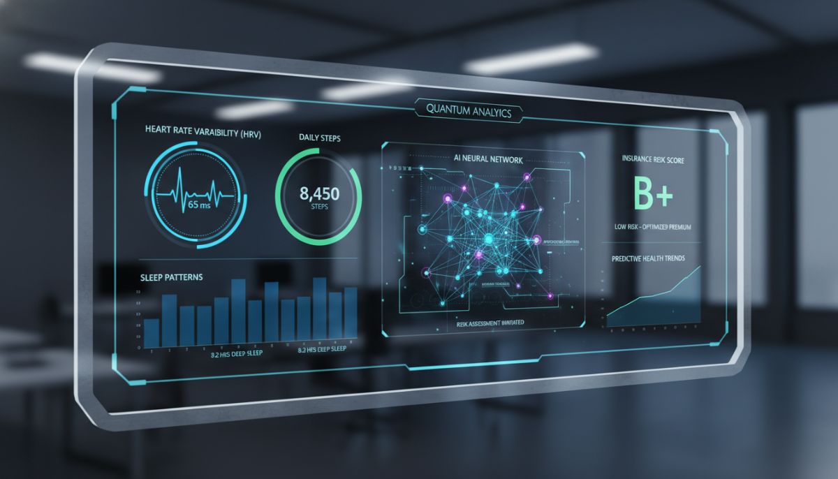 A sophisticated digital dashboard showing real-time health metrics such as heart rate variability, sleep patterns, and daily steps being processed by a complex AI neural network for insurance risk scoring.