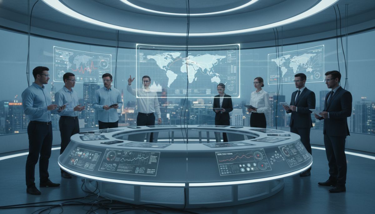 A professional group of data scientists and insurance executives in a high-tech control room viewing large holographic visualizations of global health trends and longevity projections.