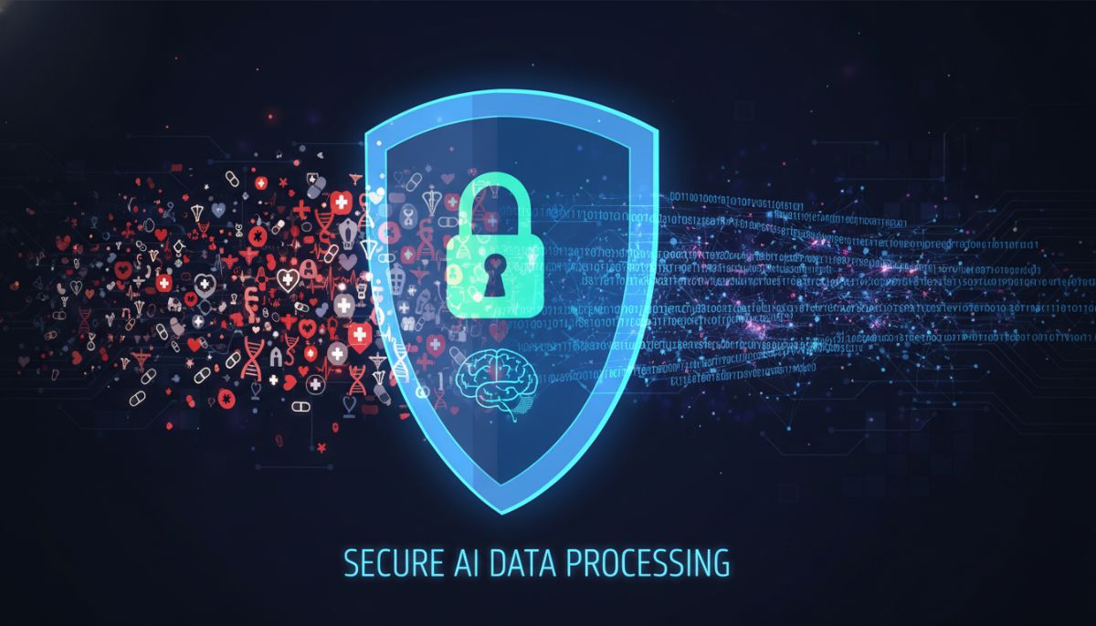 A conceptual illustration of a digital privacy shield protecting a stream of personal medical data, with a glowing binary code and a lock icon to represent secure AI data processing.